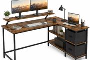 L-Shaped Corner Desk with Storage Drawers &amp; Monitor Shelf  Vintage Brown