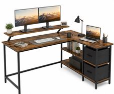 L-Shaped Corner Desk with Storage Drawers & Monitor Shelf  Vintage Brown