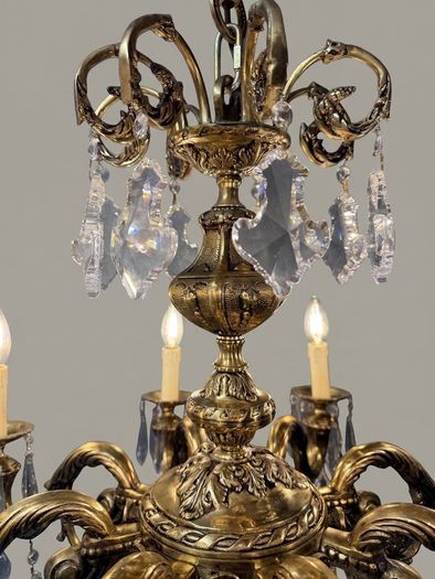 French Eight-Arm Brass & Crystal Chandelier
