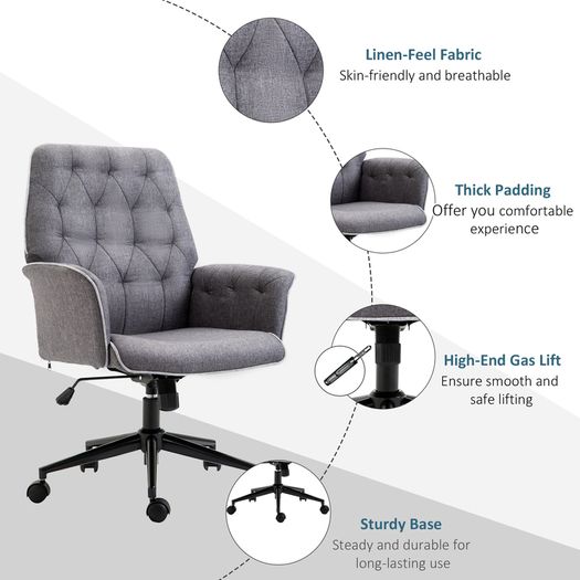 Linen Office Chair, Mid Back Computer Desk Chair with Adjustable Height, Grey