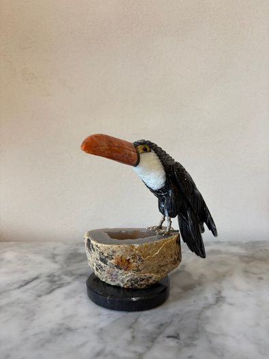 Hand-Carved Gemstone Toucan on Agate Geode Base