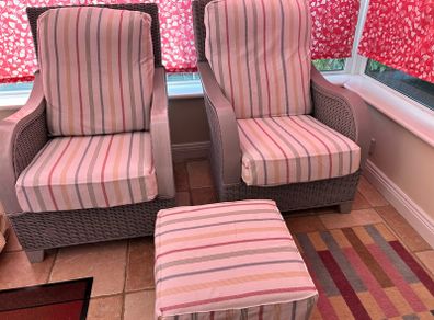 Grey rattan conservatory chairs & foot stool