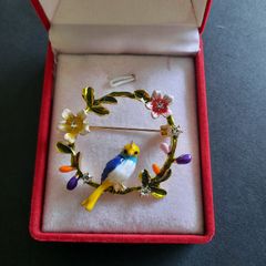 Tropical Bird Brooch Floral Garland Pin Enamel & Crystals Colorful Bird Shawl Pin Broach