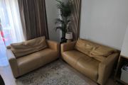 Premium Italian Real Leather 2 Two Sofas Couch Set natural brawn, caramel, tan, beige, creamy,sand, camel