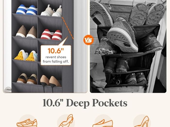Hanging Shoe Storage Rack with 11 Pockets, 5 Layers Shoe Holder for Closet Door Includes Boots, Grey, 1 Pack