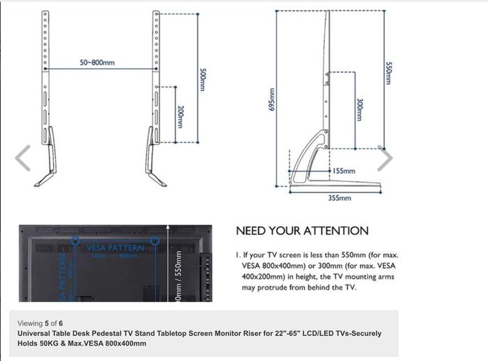 Universal Table Desk Pedestal TV Stand Tabletop Screen Monitor Riser for 22"-65" LCD/LED TVs-Securely Holds 50KG & Max.VESA 800x400mm