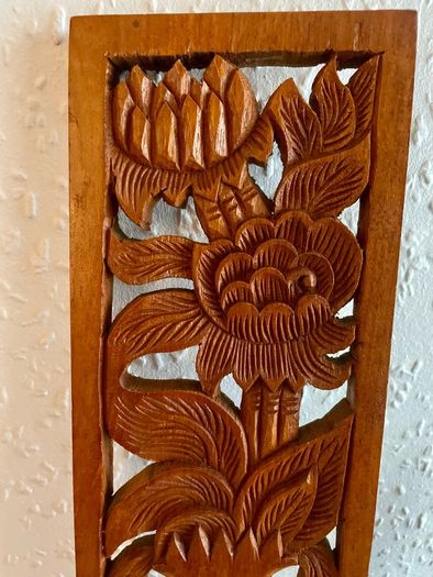Hand Carved Long Balinese Wooden Sunflower Floral Relief Wall Art Decor Panel