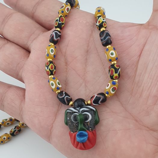 Vintage Venetian style Eyes Glass & Old Face Pendant Glass Beads Necklace