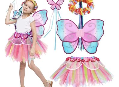 Pink Rainbow Fairy Princess Costume for Girls Dress Up with Tutu Dress and Accessories