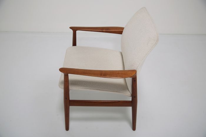Vintage Danish Teak and White Boucle Armchair by Grete Jalk, 1960s.