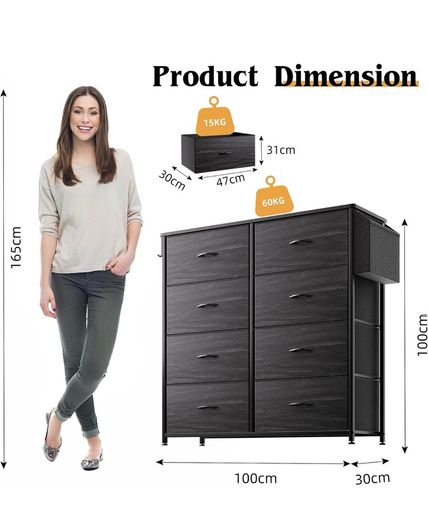 Fabric Chest of Drawers - Canvas Storage Unit with 8 Large Drawers Label Cards, Side Pocket & Hook for Living Room, Hallway, Bedroom