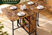 Folding Dining Table with Wheels &amp; 2 Storage Shelves  Extendable Space-Saving Kitchen Table, Vintage Brown