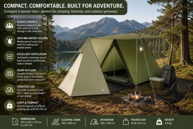 3 Man House Tent Waterproof Camping Tent