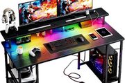 120x50cm Gaming Desk with LED Lights &amp; Power Outlets,Black Storage Shelves, Dual Monitor Stand, Home Office &amp; Study, Work from Home, Bedroom, Small Spaces, Dorm, Space-Saving, Students