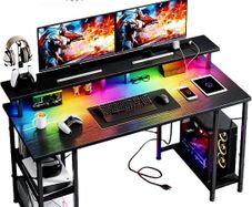 120x50cm Gaming Desk with LED Lights & Power Outlets,Black Storage Shelves, Dual Monitor Stand, Home Office & Study, Work from Home, Bedroom, Small Spaces, Dorm, Space-Saving, Students