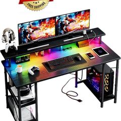 120x50cm Gaming Desk with LED Lights & Power Outlets,Black Storage Shelves, Dual Monitor Stand, Home Office & Study, Work from Home, Bedroom, Small Spaces, Dorm, Space-Saving, Students