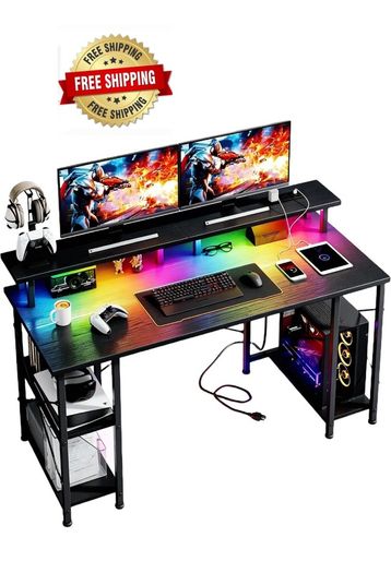 120x50cm Gaming Desk with LED Lights & Power Outlets,Black Storage Shelves, Dual Monitor Stand, Home Office & Study, Work from Home, Bedroom, Small Spaces, Dorm, Space-Saving, Students