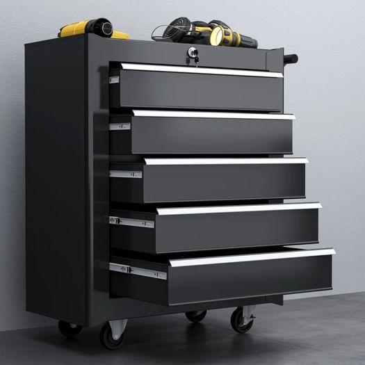 5-Drawer Tool Chest with Wheels, Steel Lockable Tool Storage Cabinet with Handle, 2 Keys for Garage, Workshop, Black