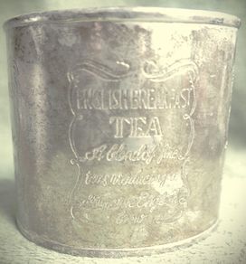 Vintage English Breakfast Tea  Engraved Round Silver Plated Container