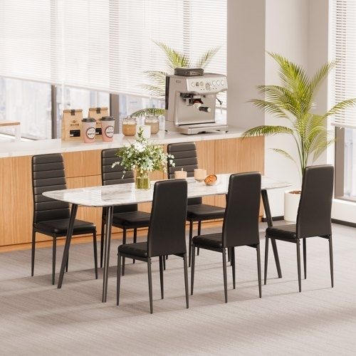 Modern Dining Room Accent Chairs Set of 6, Upholstered Leather Side Chair for Dining Tables, Space-Saving Kitchen Table Chair with Thick Cushions and Metal Legs, Black