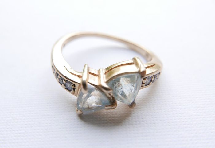 Vintage Solid 14k Gold Aquamarines And Diamonds Ring Size O - 3,35g