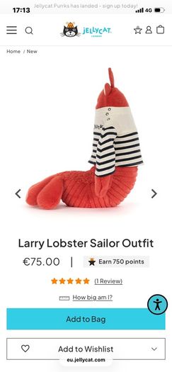 New JELLYCAT Larry Lobster Sailor Outfit
