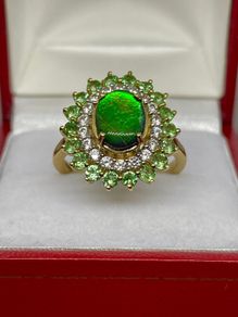 Ammolite, Tsavorite Garnet White Zircon Ring