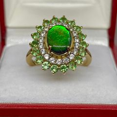 Ammolite, Tsavorite Garnet White Zircon Ring