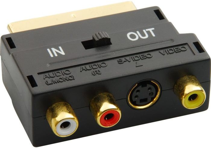 MHP Tevion Switchable TV SCART GOLD Adapter SCART to SVideo (SVHS) & 3 RCA - Composite Video Left + Right Audio Brand New