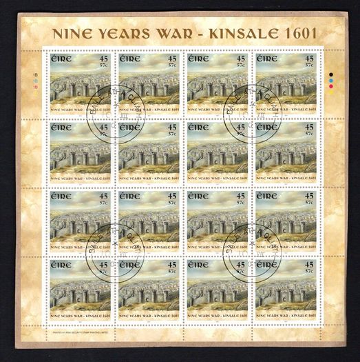 2001 Ireland Kinsale 1601 - Nine Years Wars (Irish Pikeman, English Cavalry, Spanish Pikeman & Kinsale) Stamp Sheetlet Fine Used with Dublin CDS cancel of 10th July 2001 (First day of issued) on envelope extract.