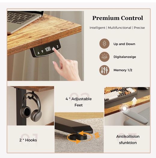 Electric Height Adjustable Desk, with 2 Fabric Drawers, 120x60cm 72-116cm Height, Stable Sit-Stand Standing Desk w. 2 Memory Buttons, Computer Desk for Home Office, 2 pcs Desktops, Brown