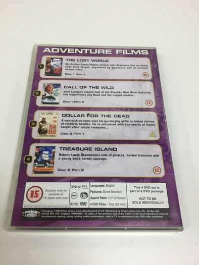4 Adventure Films Includes Lost World, Call of the Wild, Treasure Island. Free Postage!