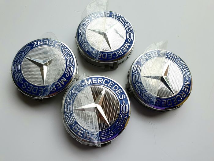 Mercedes Benz Classic 75mm Chrome / Blue 4 x Wheel Center Caps Cap Hub