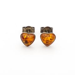 Vintage Natural Baltic Amber Silver Heart Stud Earrings