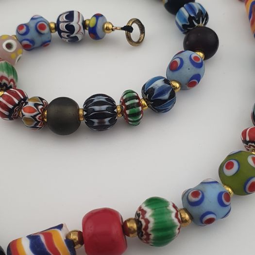 Vintage Venetian Style Mix Glass Beads & Old Face Pendant Necklace