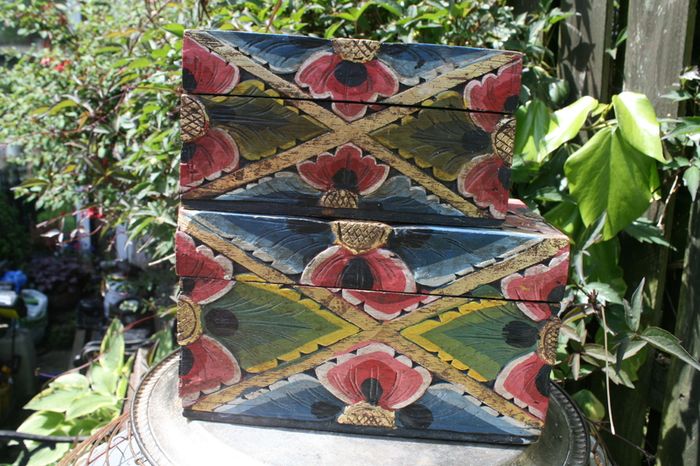 Vintage Two Carved Boxes Wooden Jewelry Hand Painted Handmade  Home Decor 10"x6" H 6" and 8,2"x4,5" H 4,2"