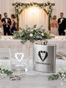 Groomsman Laser Engraved Hip Flask and Whiskey Glass Gift Set