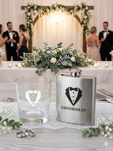 Groomsman Laser Engraved Hip Flask and Whiskey Glass Gift Set