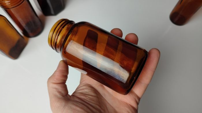 364 - Set of 5 Vintage Collectible Decorative Amber Glass Bottles