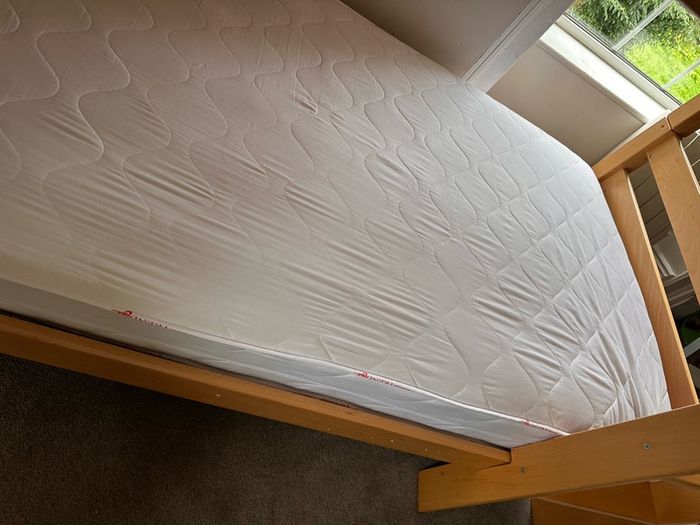 Bunk bed with attached slide and mattresses