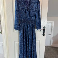 Stunning MAJE Satin Dress with Hi Low Hem / Navy and Blue - Size 40 / Size 12