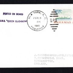 1965 Bahamas Cover with Posted on Board R.M.8. "Queen Elizabeth" with New York Paquebot cancel February 23 1965 tying Bahamas 4d commemorative stamp of the same boat
