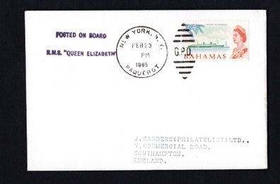 1965 Bahamas Cover with Posted on Board R.M.8. "Queen Elizabeth" with New York Paquebot cancel February 23 1965 tying Bahamas 4d commemorative stamp of the same boat