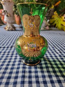 Vintage Bohemian Glass Czech Green Gold Vase