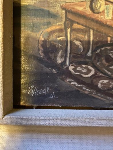 painting This is a striking dramatic artwork depicting a stage performance or lecture scene inside a classic, ornate theatre or opera house.