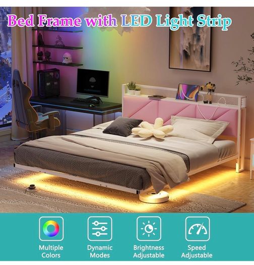 King Size Bed Frame 150x200cm, Floating Upholstered Platform Bed with LED Lights & USB Charging, 5ft Heavy Duty Metal Bed Frame with Headboard Storage, Noise-Free, No Box Spring Needed, Pink