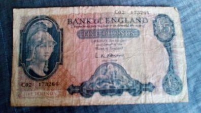 Bank of England Five pound note. L.K. O'Brien. (Price reduction).