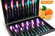 Cutlery Set, Black or Rainbow 24 Piece Stainless Steel Flatware Set, Silverware Dinnerware Set Service for 6, Tableware Cutlery Include Knife/Fork/Spoon/Teaspoon for Home with Gift Box