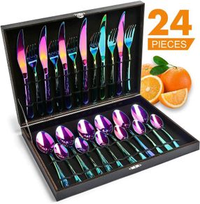 Cutlery Set, Black or Rainbow 24 Piece Stainless Steel Flatware Set, Silverware Dinnerware Set Service for 6, Tableware Cutlery Include Knife/Fork/Spoon/Teaspoon for Home with Gift Box