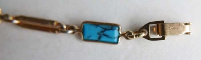 Vintage Turquoise Gold Plated Bracelet Anklet  - Gemstone Jewelry , Birthstone , Blue Stone 7,5" - 5,45g